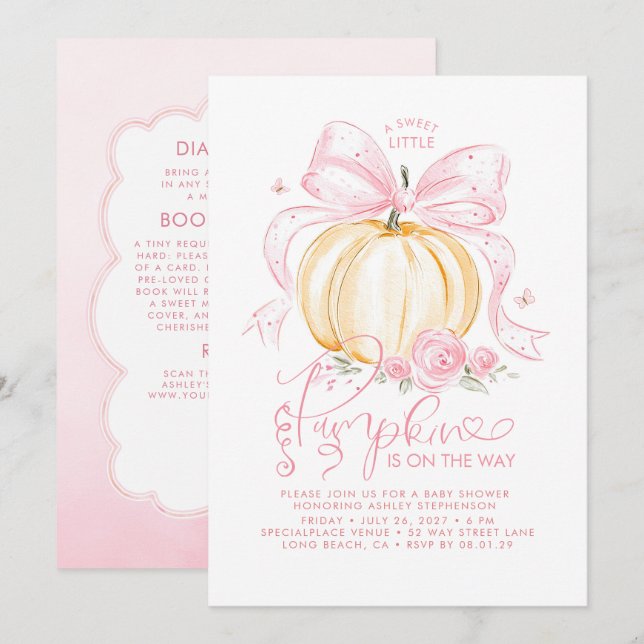 Pink Bow Pumpkin Fall Baby Shower All In One Invitation (Front/Back)