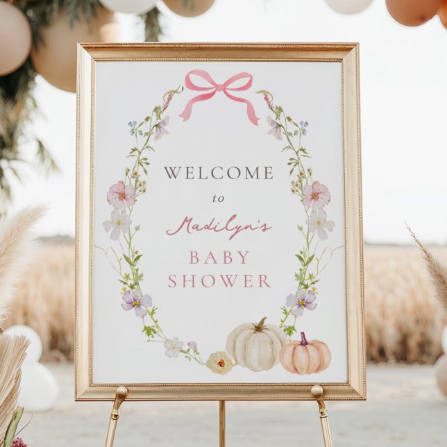 Pink Bow Pumpkin Floral Baby Shower Welcome Sign (Creator Uploaded)