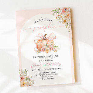 Pink Bow Pumpkin Floral First Birthday Invitation