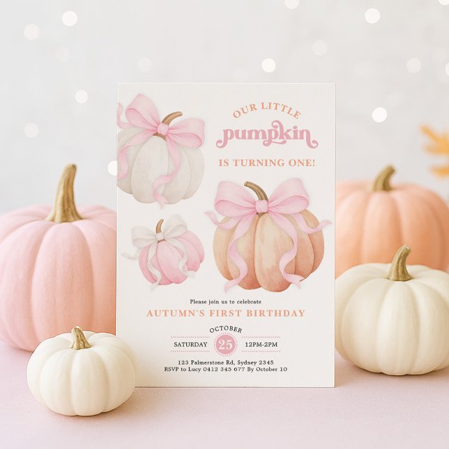 Pink Bow Pumpkin Girl 1st Birthday Party Invitation (Creator Uploaded)