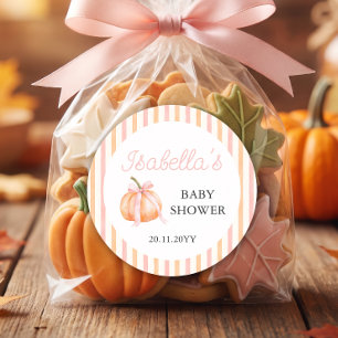 Pink Bow Pumpkin Girl Baby Shower Classic Round Sticker