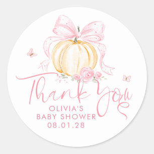 Pink Bow Pumpkin Girl Baby Shower Thank You Favour Classic Round Sticker