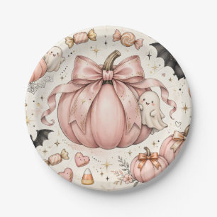 Pink Bow Pumpkin Halloween Coquette Ghosts Bats Paper Plate