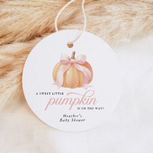 Pink Bow Pumpkin Round Baby Shower Favour Tags
