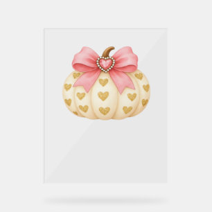 Pink Bow Pumpkin with Golden Hearts – Coquette Fal Acrylic Sign