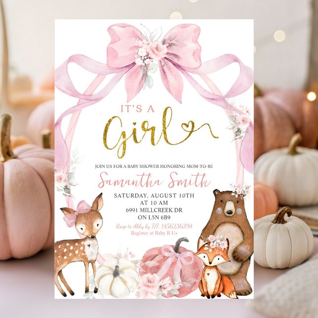 Pink Bow Pumpkin Woodland Animals Baby Shower Invitation (Creator Uploaded)