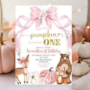 Pink Bow Pumpkin Woodland Animals First Birthday Invitation