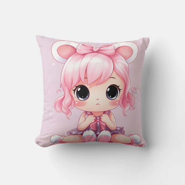 Pink Bow, Purple Dress, Big Eyes Cartoon Cushion (Front)