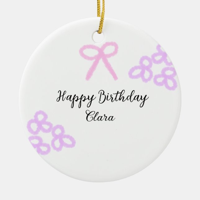 Pink bow purple floral pastel happy birthday  ceramic tree decoration (Front)