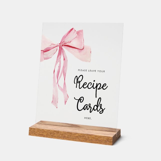 Pink Bow Recipe Cards Bridal Shower Acrylic Sign (Angle)