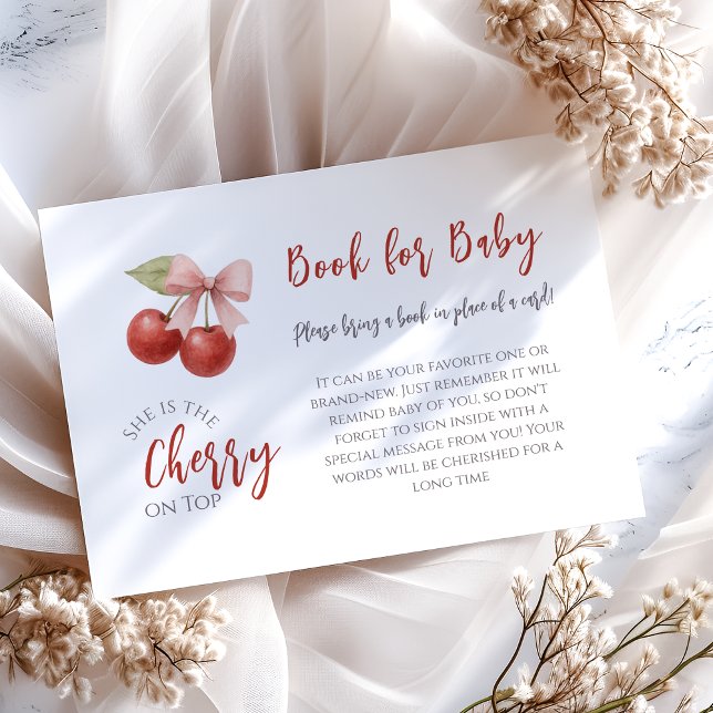 Pink Bow Red Cherry on Top Book for Baby Shower Enclosure Card (Creator Uploaded)