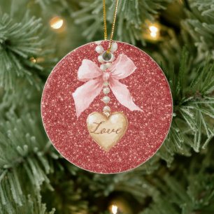 Pink Bow Red Glitter Love Heart Necklace Christmas Ceramic Tree Decoration