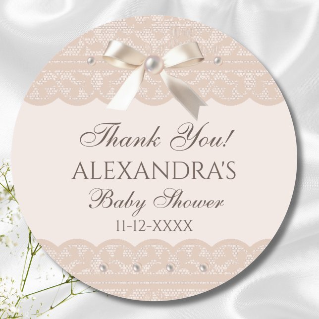 Pink Bow Regency Lace Baby Shower Thank You Classic Round Sticker (Creator Uploaded)