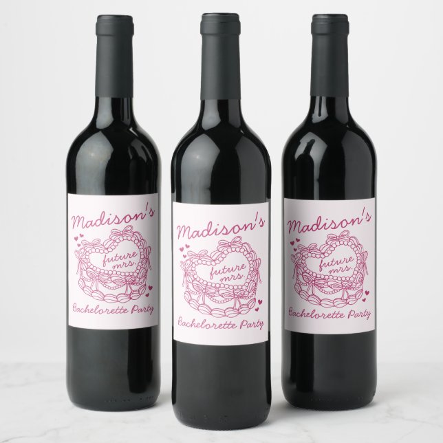 Pink Bow Retro Heart Coquette Cake Bachelorette Wine Label (Bottles)