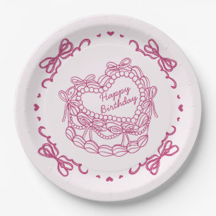 Pink Bow Retro Heart Coquette Cake Birthday Paper Plate