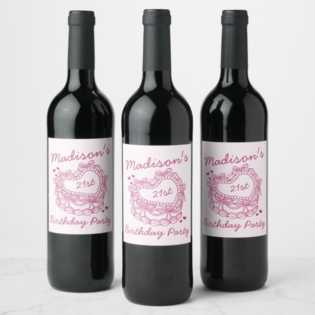 Pink Bow Retro Heart Coquette Cake Birthday Wine Label (Bottles)