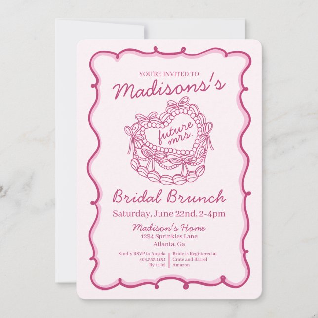 Pink Bow Retro Heart Coquette Cake Bridal Brunch Invitation (Front)