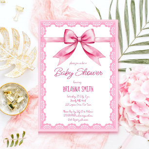 Pink bow retro lace baby shower invitation