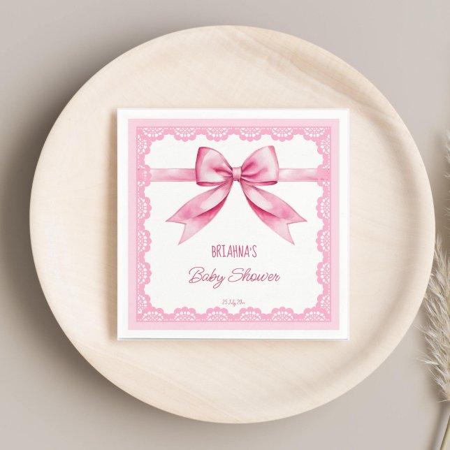 Pink bow retro lace baby shower printed template napkin (Pink bow retro lace baby shower printed template napkins personalized tableware coquette ribbon )