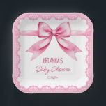 Pink bow retro lace baby shower printed template paper plate<br><div class="desc">Pink bow coquette retro lace border girls baby shower printed template plates pink vintage lace border and a retro bow personalised tableware table decor</div>