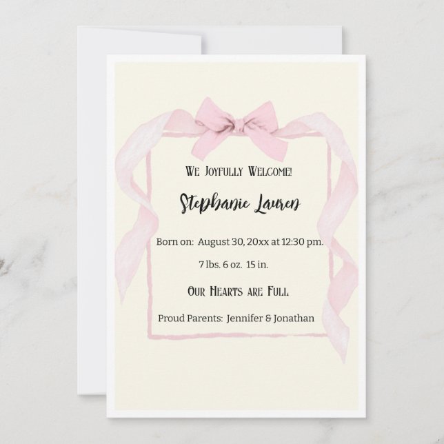 Pink Bow Ribbon Baby Birth Announcement Photo (Front)