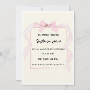 Pink Bow Ribbon Baby Birth Announcement Photo