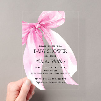 Pink Bow Ribbon Baby Shower Acrylic Invitations