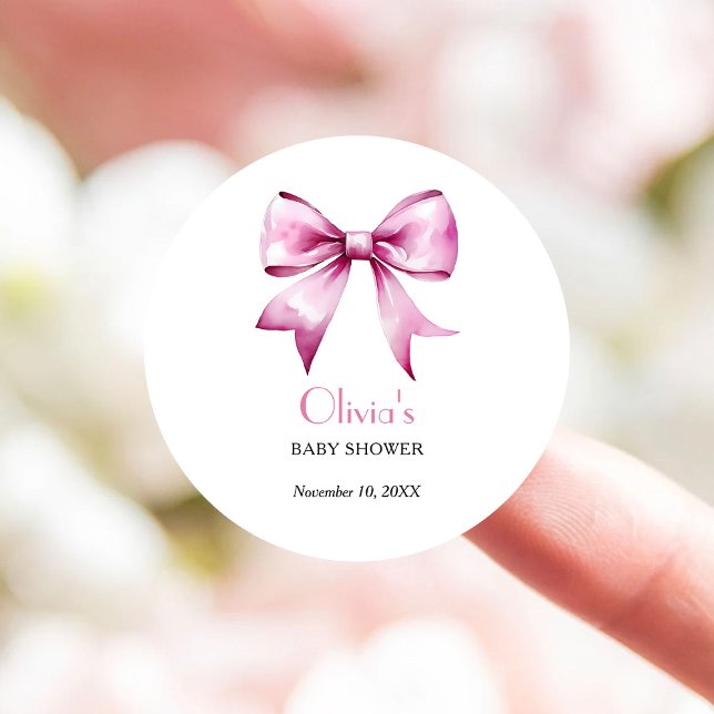 Pink Bow Ribbon Baby Shower Classic Round Sticker (Creator Uploaded)