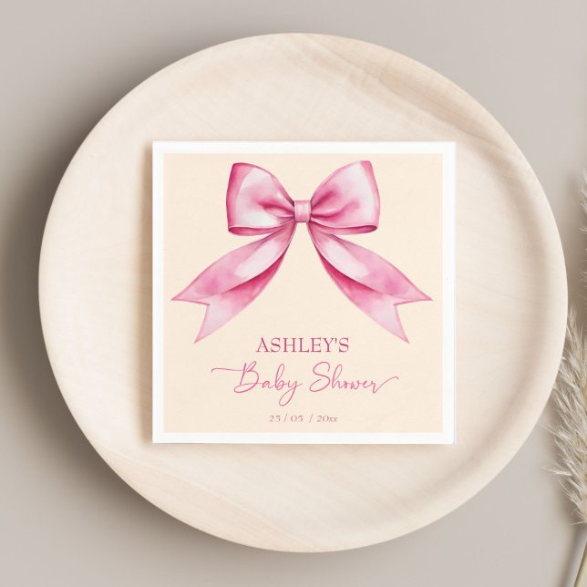 Pink bow ribbon baby shower cute elegant template napkin (Pink bow ribbon baby shower cute elegant template napkins personalized tableware decor cute bow)