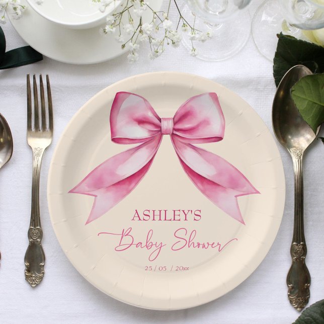 Pink bow ribbon baby shower cute elegant template paper plate (Pink bow ribbon baby shower cute elegant template paper plates personalized tableware decor cute bow)