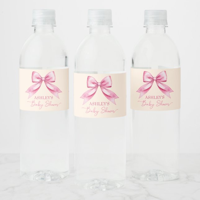 Pink bow ribbon baby shower cute elegant template water bottle label (Bottles)