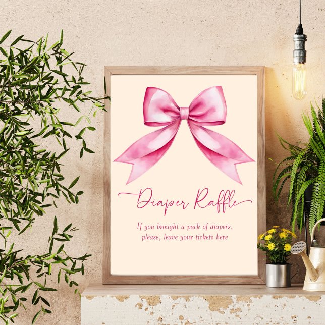 Pink bow ribbon baby shower diaper raffle sign (Pink bow ribbon baby shower diaper raffle table sign personalized baby shower decor)