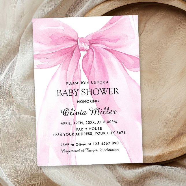 Pink Bow Ribbon Baby Shower Invitation (Creator Uploaded)