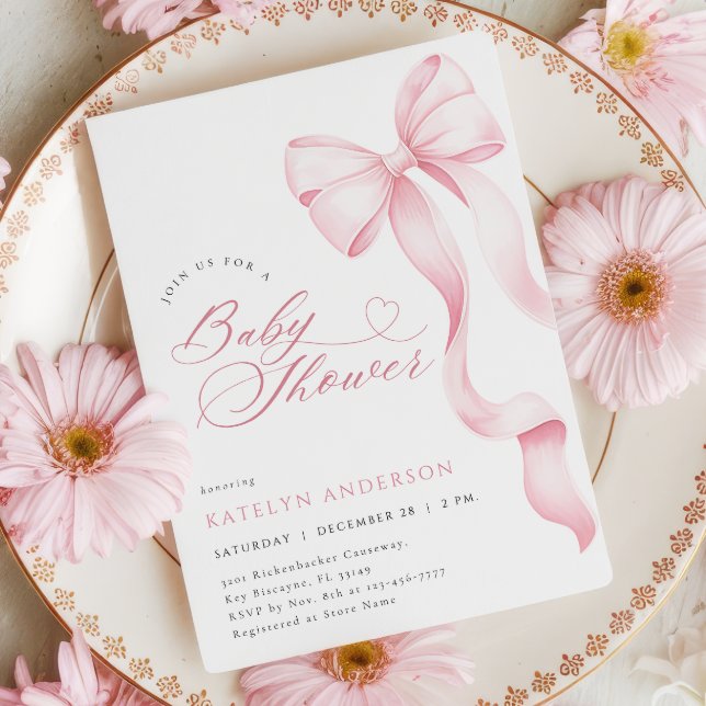 Pink Bow Ribbon Baby Shower Invitation (Creator Uploaded)
