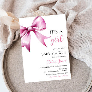Pink Bow ribbon Baby Shower It's a girl Invitation