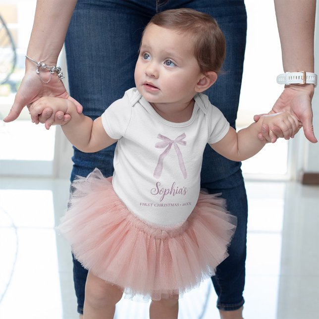 Pink Bow ribbon Baby's first Christmas custom Baby Bodysuit (Sweet ribbon bow, baby girl's first christmas. Fancy cute.)
