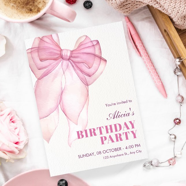 Pink bow ribbon birthday invitation (Creator Uploaded)