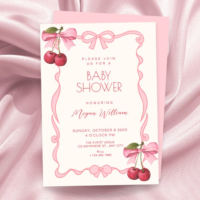 Pink bow ribbon cherry baby shower invitation (Creator Uploaded)