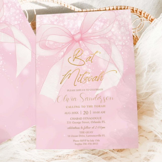 Pink Bow Ribbon Coquette Bat Mitzvah Invitation (Creator Uploaded)