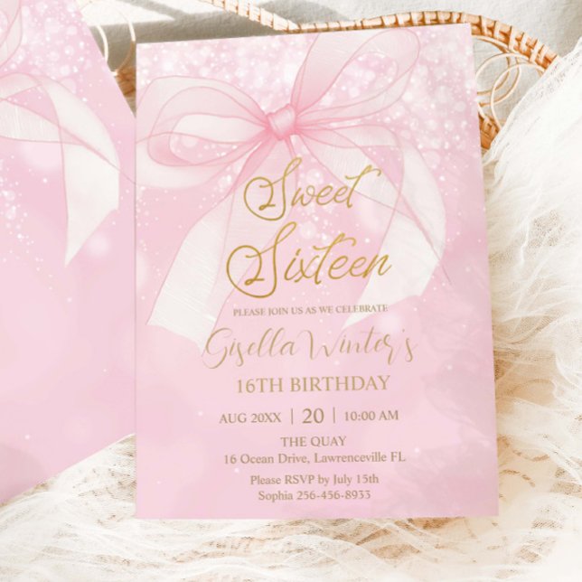 Pink Bow Ribbon Coquette Sweet 16 Sixteen Birthday Invitation (Creator Uploaded)