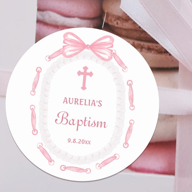 Pink Bow Ribbon Frame Baptism Classic Round Sticker (Creator Uploaded)
