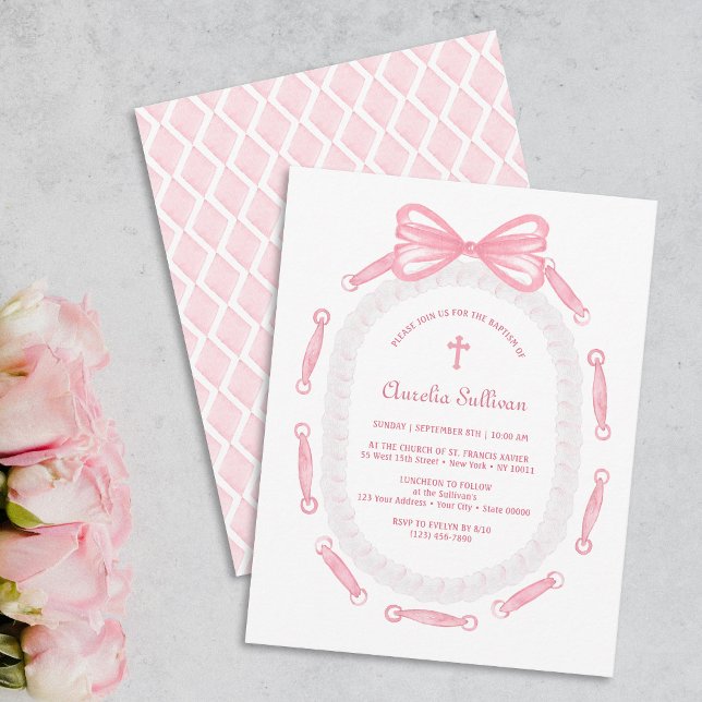 Pink Bow Ribbon Frame Baptism Invitation (Creator Uploaded)