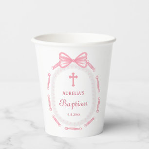 Pink Bow Ribbon Frame Baptism Paper Cups