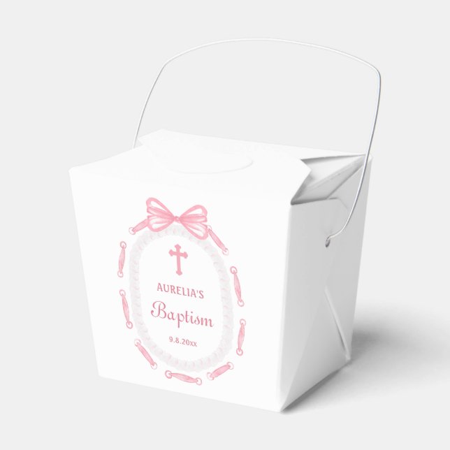 Pink Bow Ribbon Frame Baptism Take Out Favour Box (Front Side)
