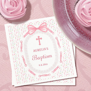 Pink Bow Ribbon Frame Floral Baptism Napkin