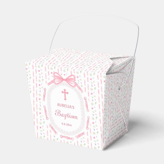 Pink Bow Ribbon Frame Floral Baptism Take Out Favour Box (Front Side)