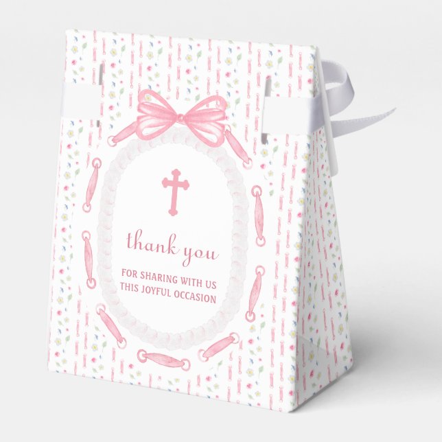 Pink Bow Ribbon Frame Floral Baptism Tent Favour Box (Back Side)