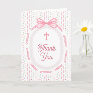 Pink Bow Ribbon Frame Floral Religious Thank You Card