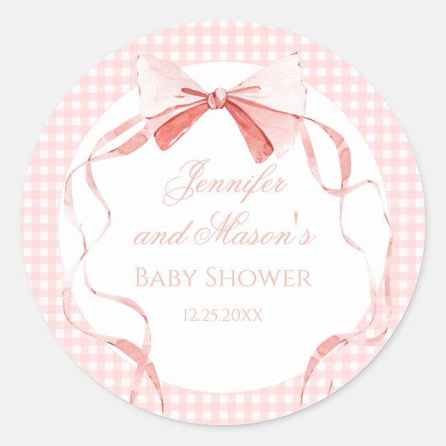 Pink bow ribbon gingham preppy baby girl shower classic round sticker (Front)