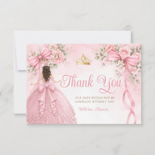 Pink Bow Ribbon Girl Quinceañera Dress Crown Thank You Card